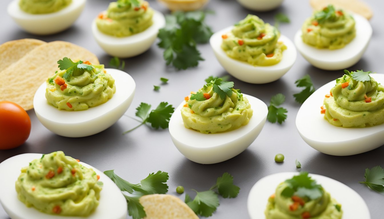 A platter of deviled eggs with guacamole swirls, garnished with cilantro and paprika, arranged on a white serving dish