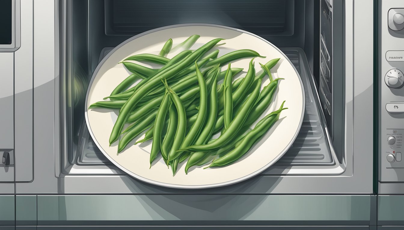 A plate of green beans almondine being reheated in a microwave