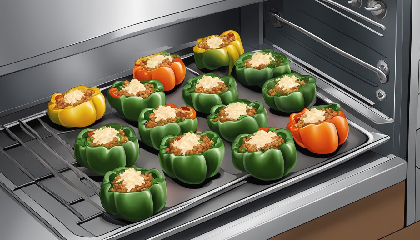 A plate of Greek stuffed peppers being placed in the oven for reheating. The oven door is open and the peppers are sitting on a baking tray