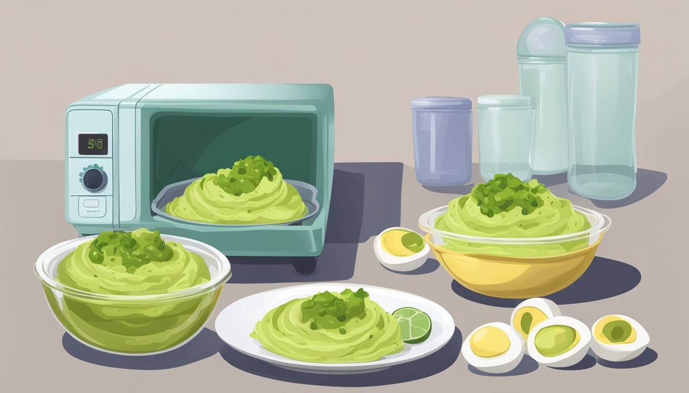 A plate of guacamole deviled eggs being reheated in the microwave next to a container of guacamole being stored in the fridge