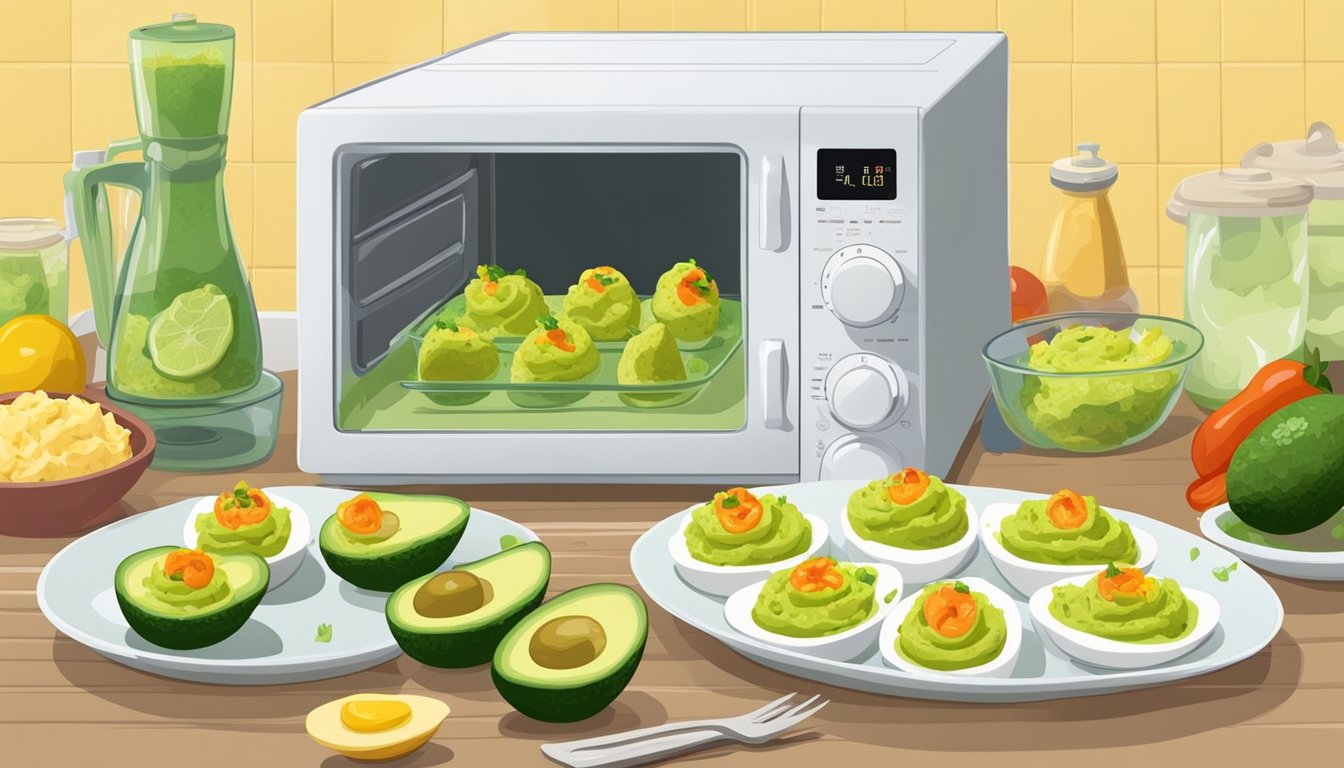 A plate of guacamole deviled eggs being reheated in a microwave, with various creative variations and ideas surrounding the plate