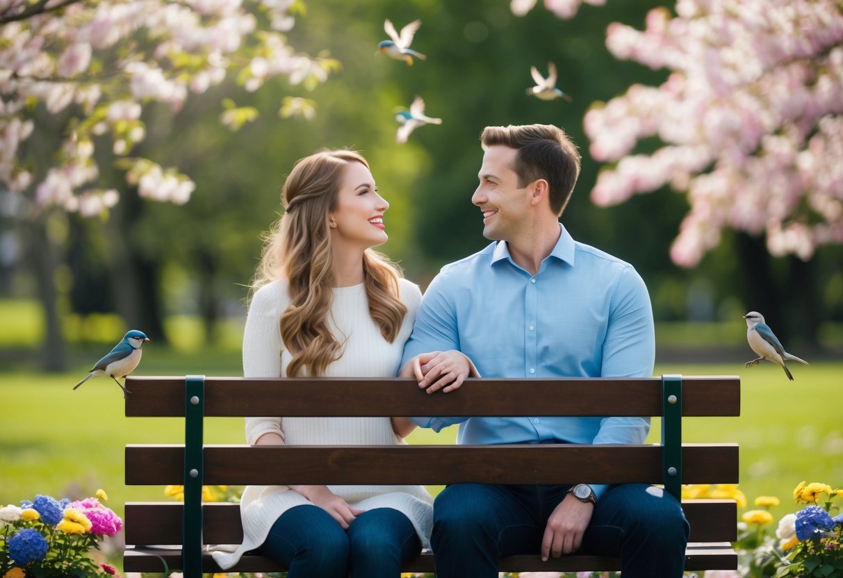 A couple sitting on a park bench, gazing at each other with a mix of excitement and hesitation, surrounded by blooming flowers and chirping birds