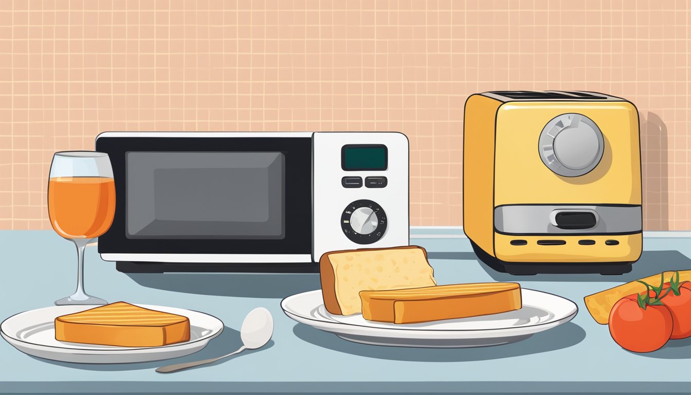 A bowl of tomato soup and a grilled cheese sandwich on a plate, next to a microwave and a toaster