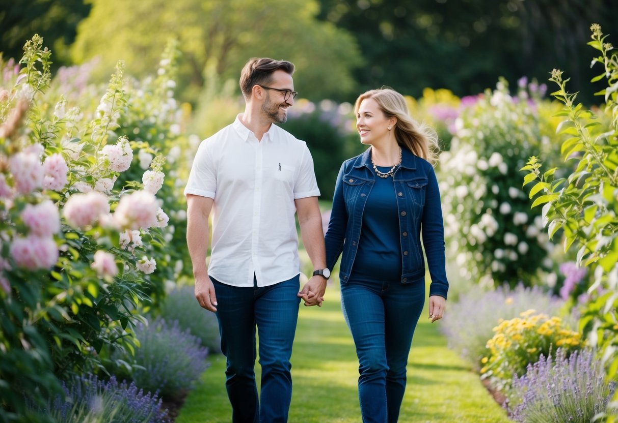 A couple walking through a garden, surrounded by blooming flowers and a gentle breeze