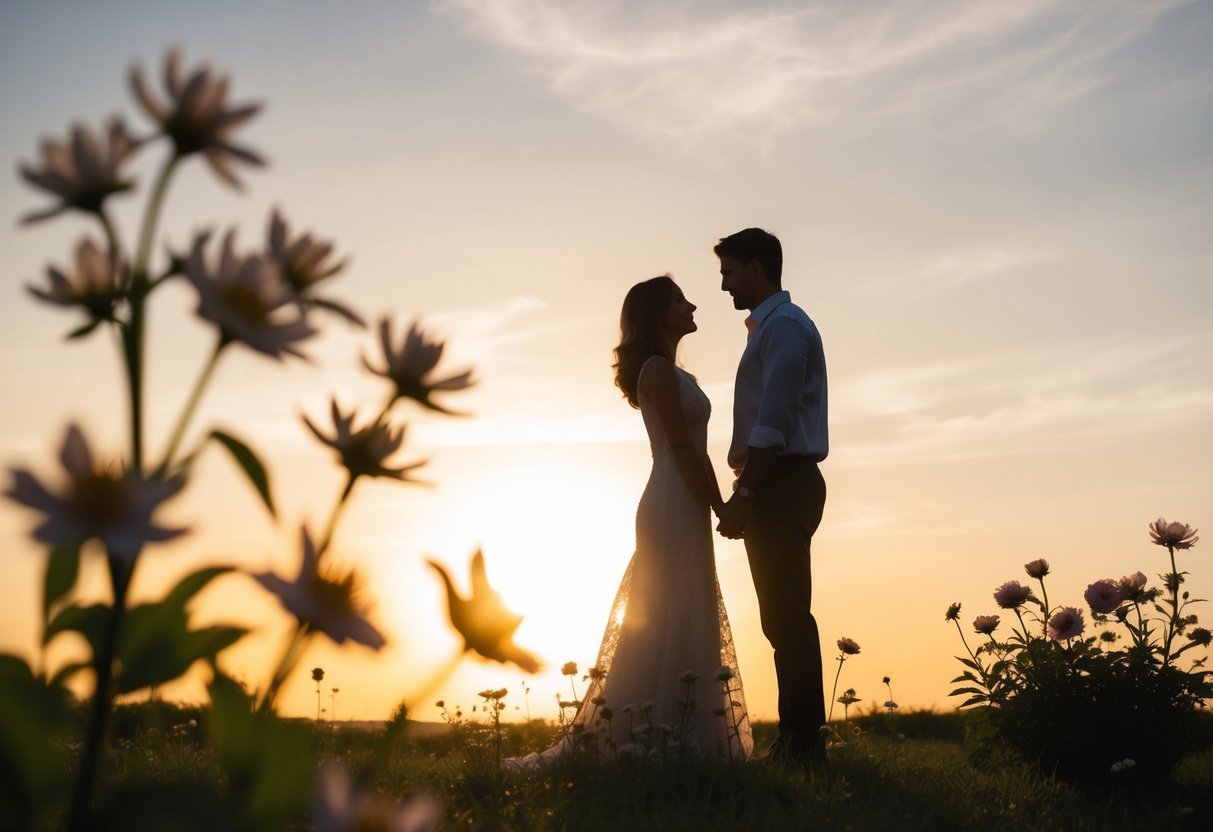A couple's silhouettes stand beneath a setting sun, surrounded by blooming flowers and a serene landscape