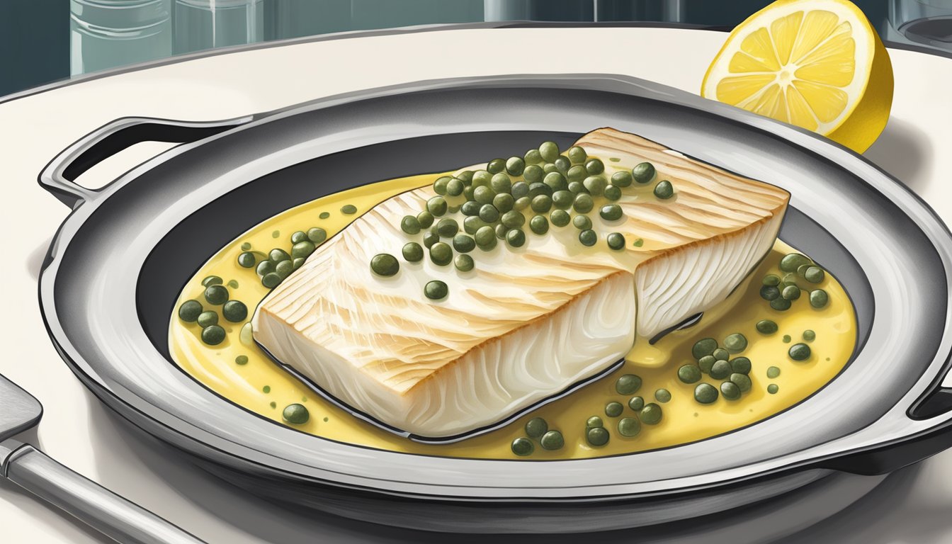 A halibut fillet with lemon caper sauce being gently reheated in a skillet over a stovetop