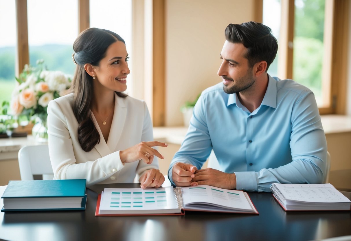 A couple sits at a table with wedding planning books and a calendar, discussing financial and practical considerations