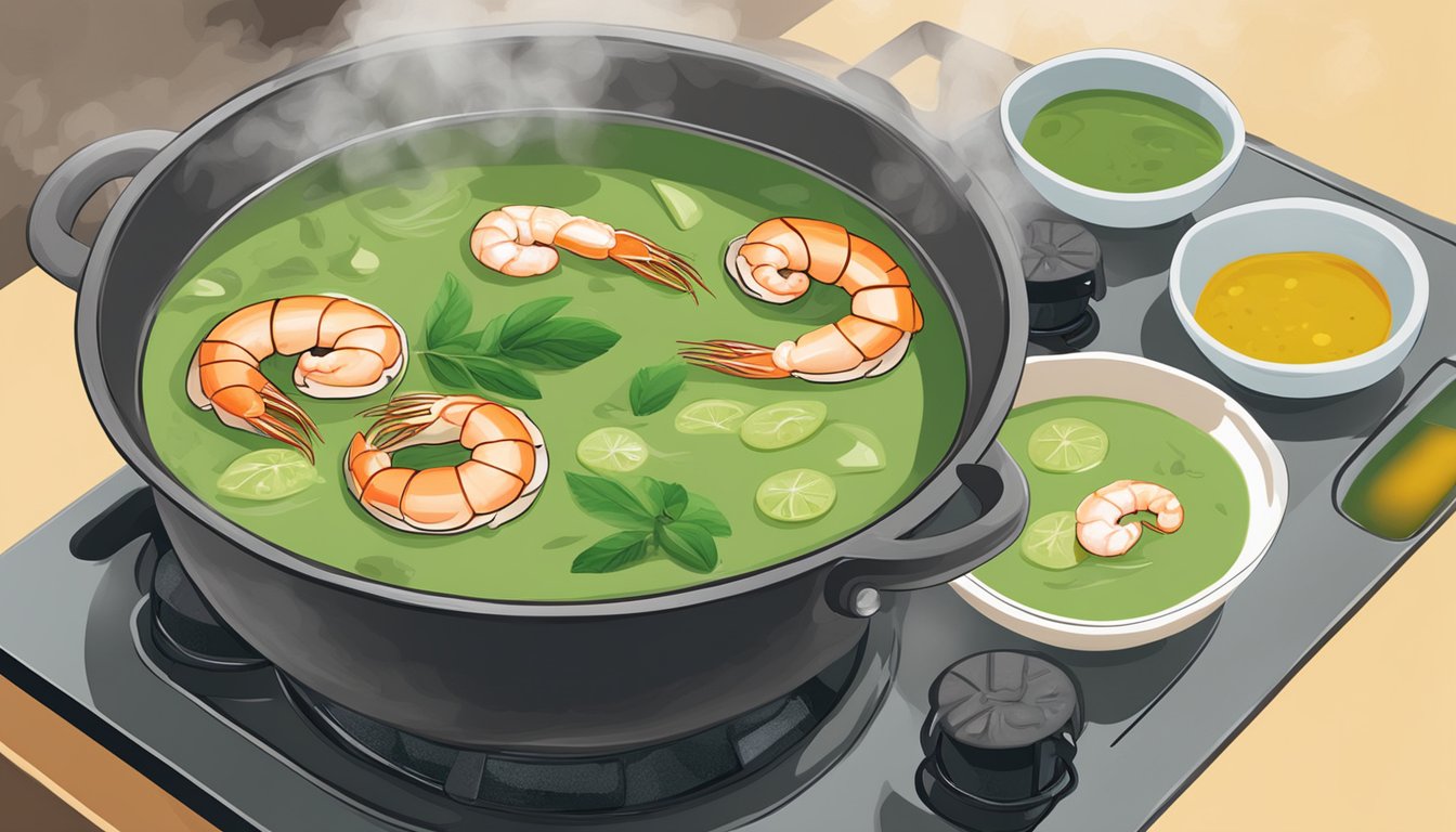 A steaming bowl of green curry with shrimp sits on a stove, with a pot of simmering water nearby for gentle reheating. Vibrant green curry sauce and plump shrimp are visible in the bowl