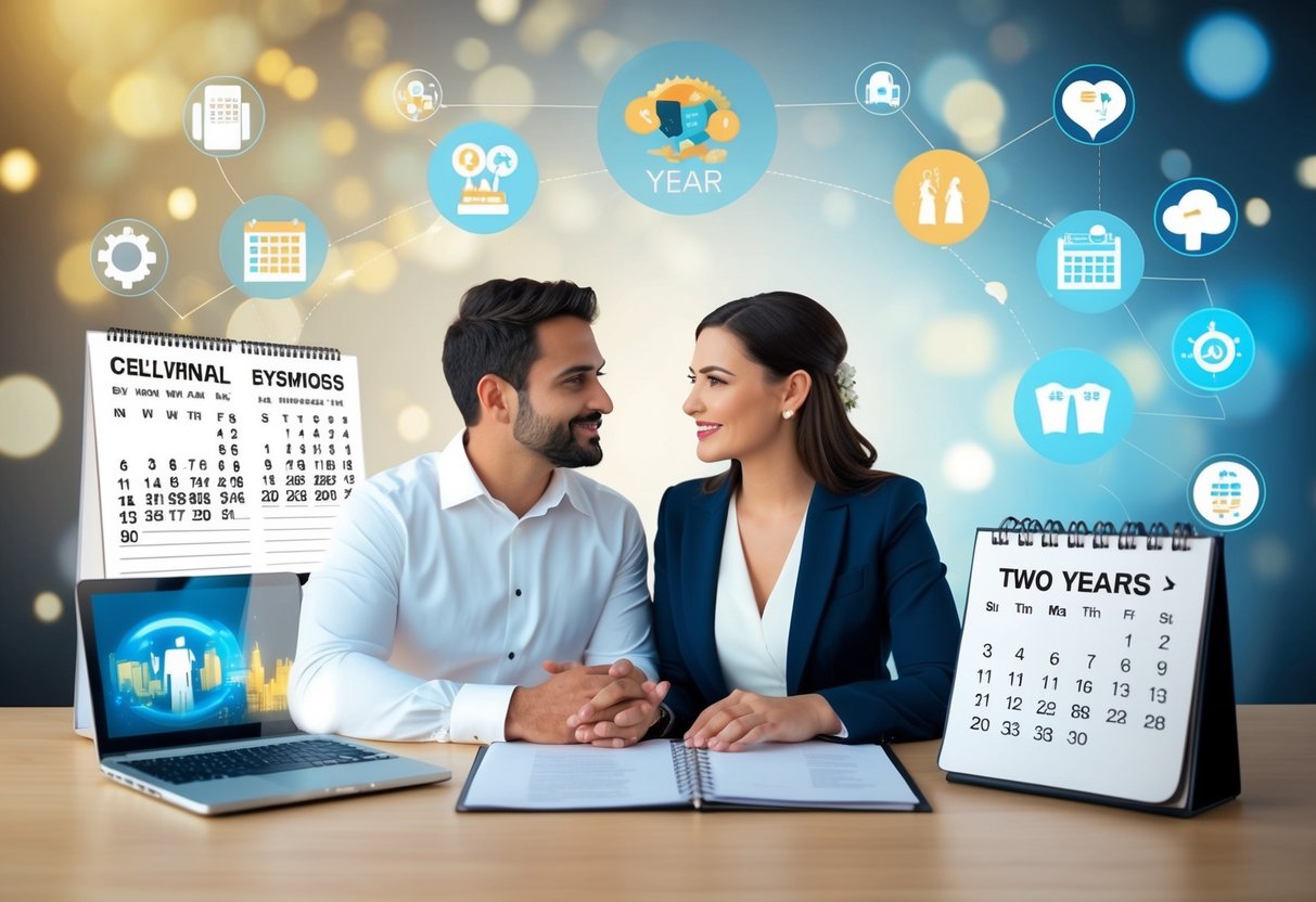 A couple discussing wedding plans while surrounded by cultural symbols, technology, and a calendar showing two years ahead