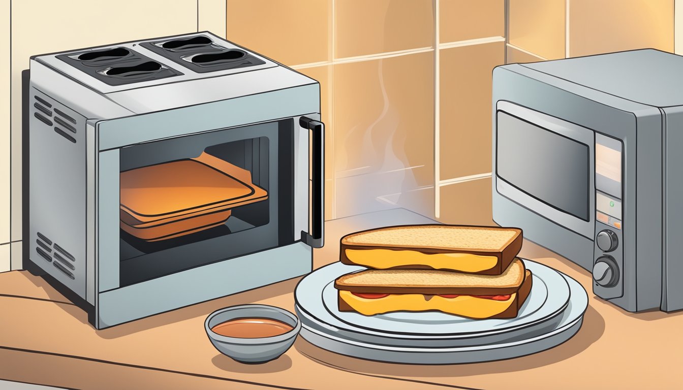 A microwave and stovetop with a pot of tomato soup and a plate with a grilled cheese sandwich being reheated