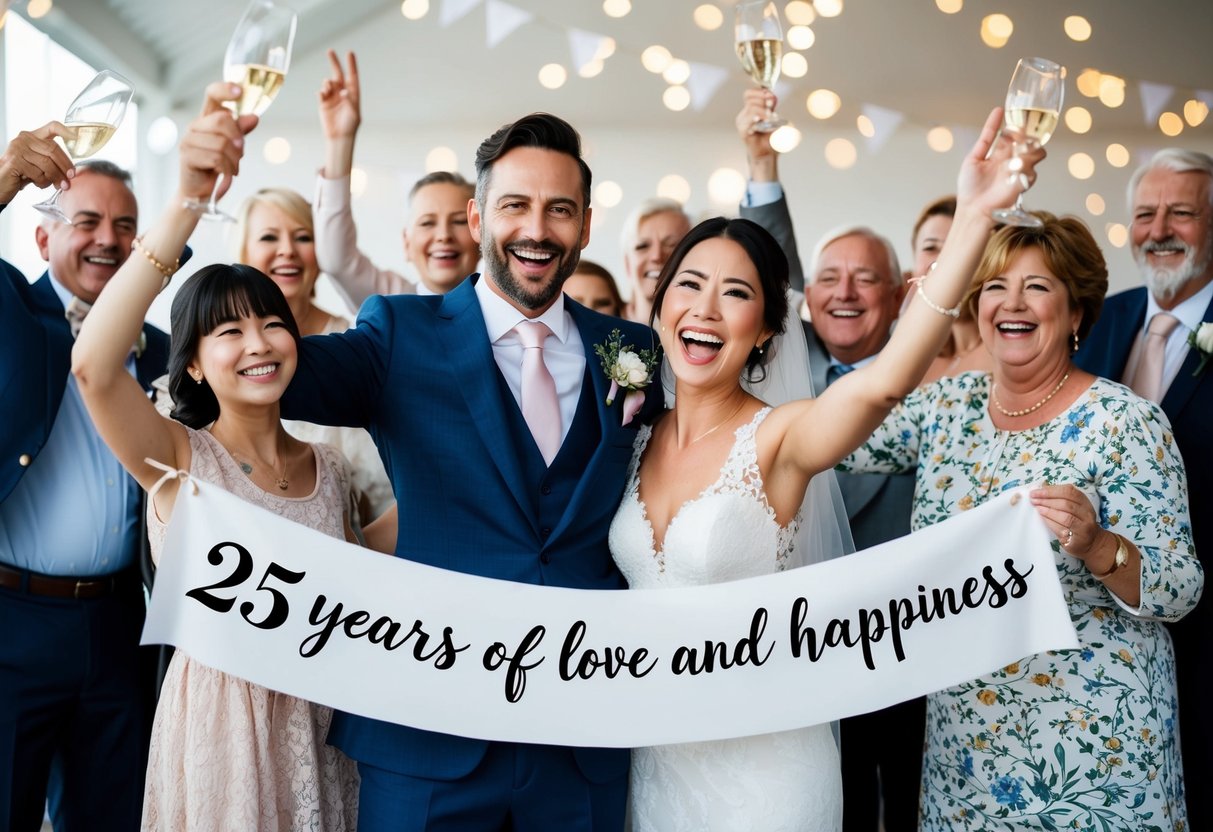 A joyful couple celebrating their 25th wedding anniversary, surrounded by family and friends, with a banner reading "25 years of love and happiness."
