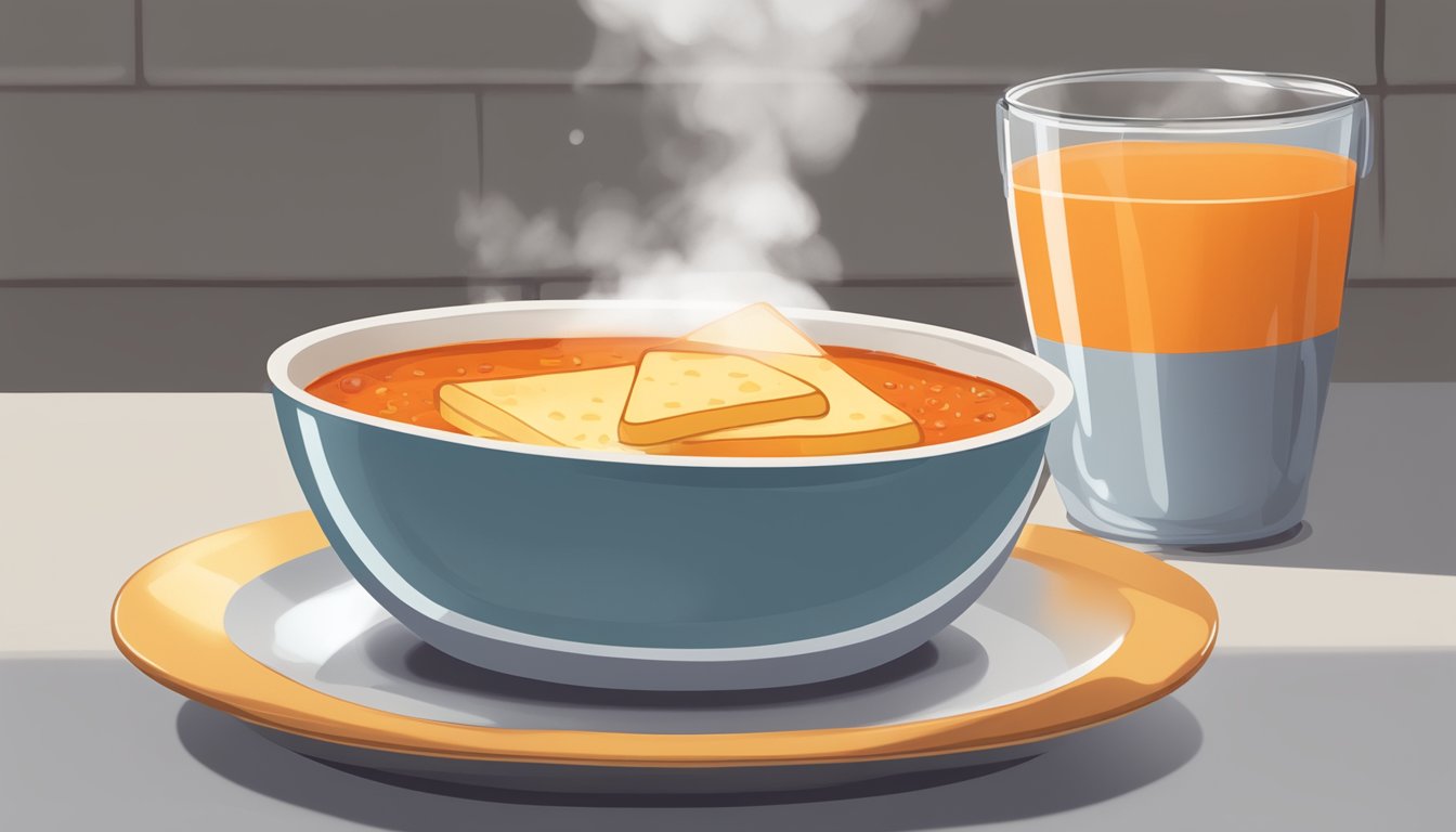 A steaming bowl of tomato soup sits next to a golden-brown grilled cheese sandwich on a plate. Steam rises from the soup, and the cheese on the sandwich is melted and oozing out