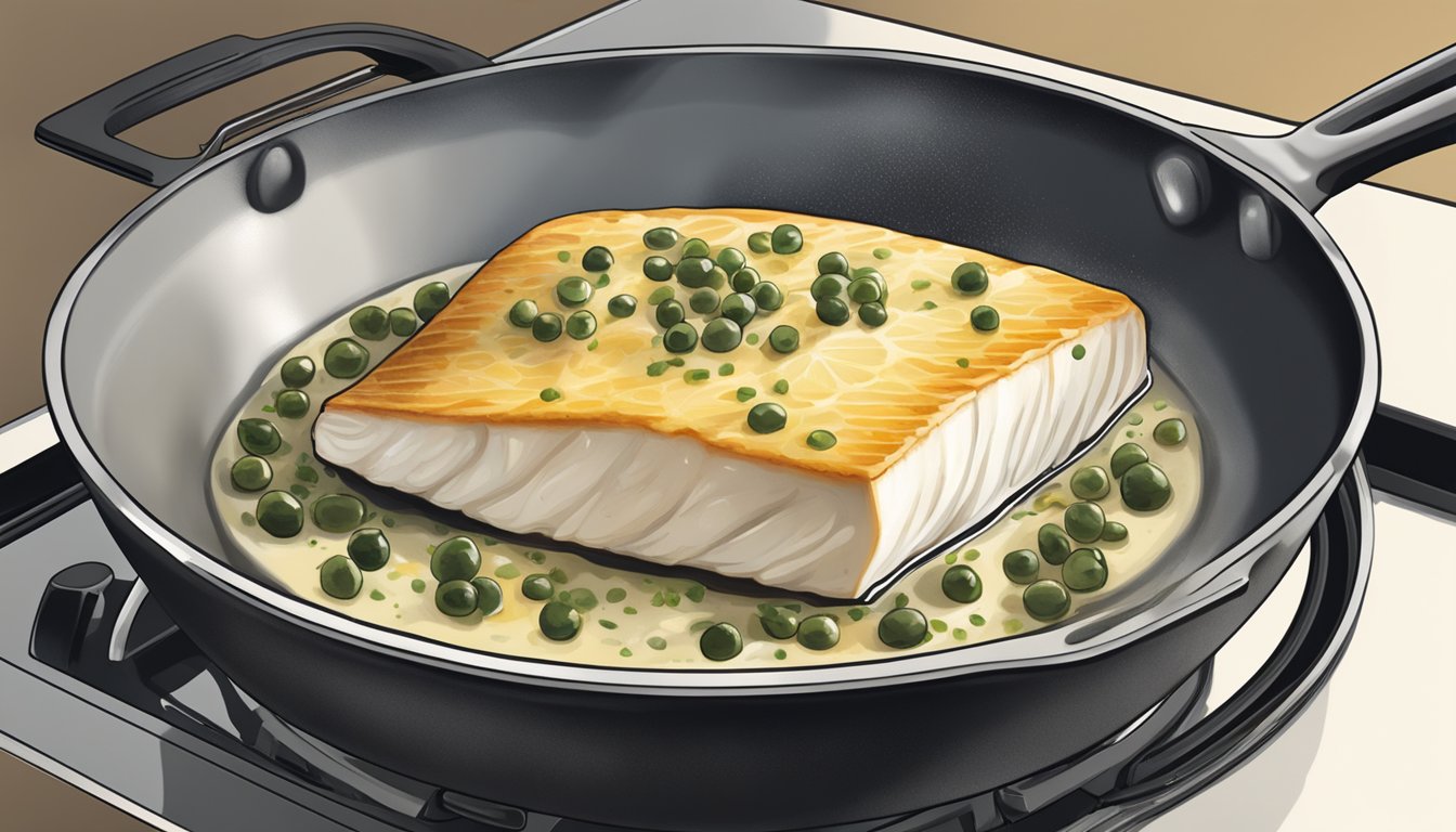 A halibut fillet in a lemon caper sauce being gently reheated in a skillet over a stovetop