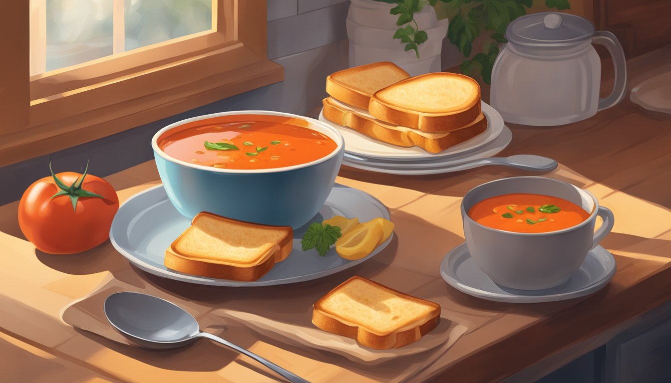 A steaming bowl of tomato soup sits next to a perfectly golden grilled cheese sandwich on a plate, surrounded by the comforting warmth of a cozy kitchen