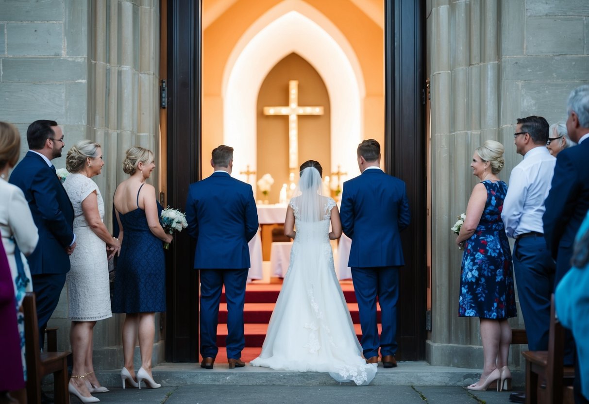 Guests waiting outside a closed church door, while the bride and groom stand at the altar, looking expectantly towards the entrance