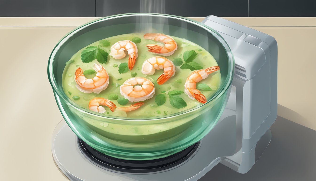 A steaming bowl of green curry with shrimp sits in a microwave, rotating on a glass plate. Steam rises from the fragrant dish as it heats up