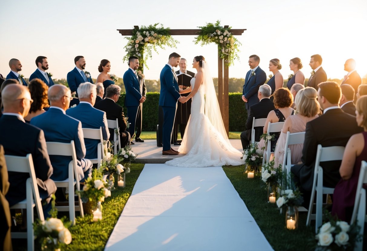 A wedding ceremony in progress, with guests seated and the bride and groom at the altar. The sun is setting, casting a warm glow over the scene