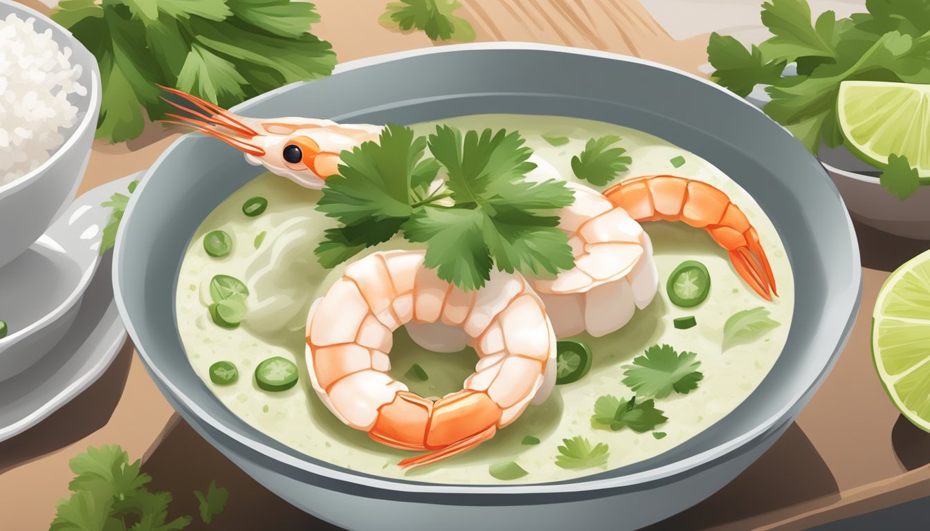 A steaming bowl of green curry with shrimp being reheated in a microwave, accompanied by a side of fluffy white rice and a garnish of fresh cilantro