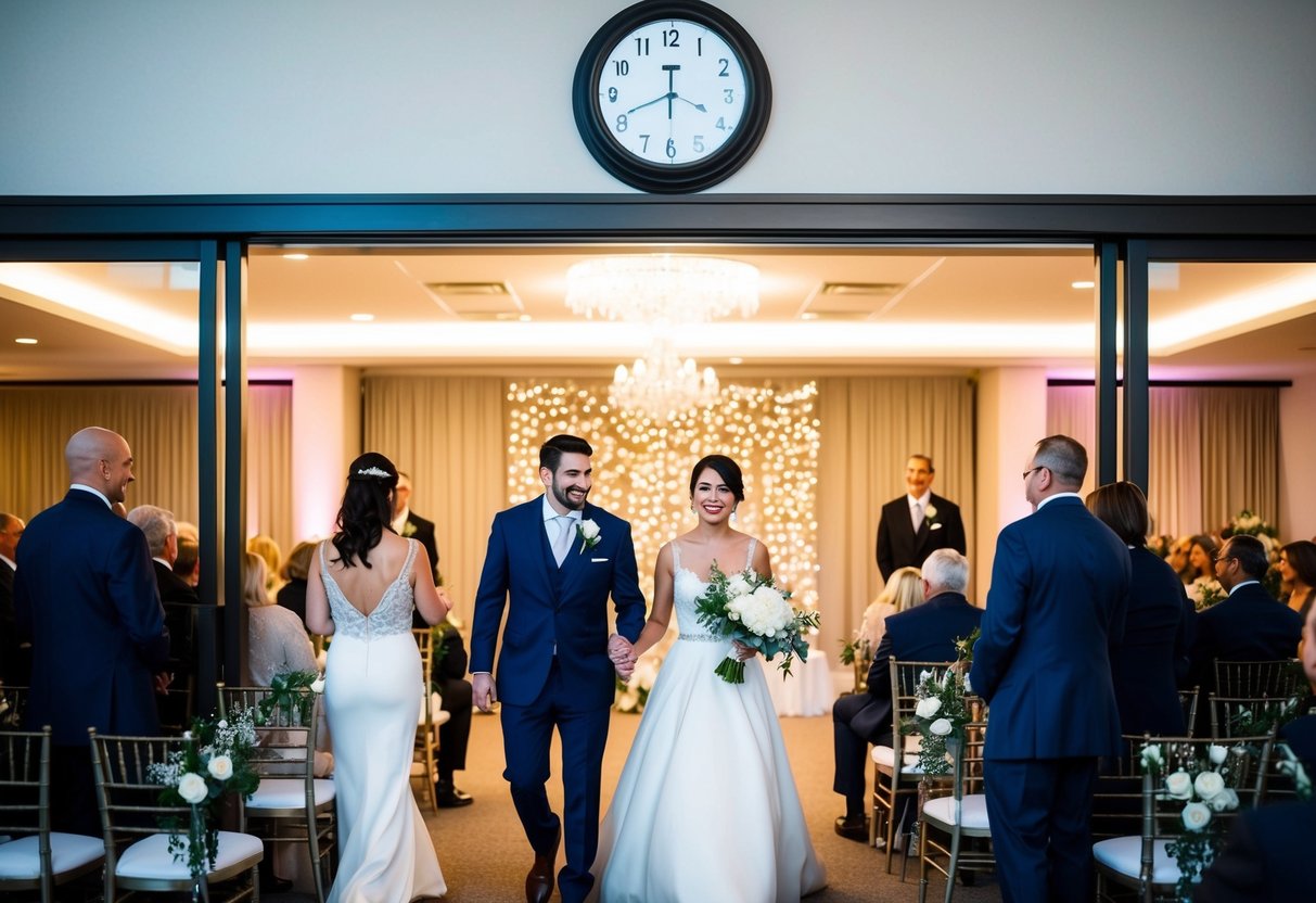 Guests arriving at a wedding venue with a clock showing the designated start time, while others are already seated inside the decorated ceremony space