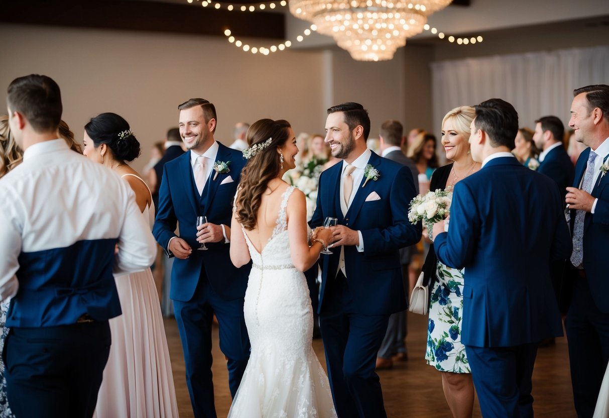 Guests mingling at a wedding reception, some leaving while others continue to chat and enjoy the festivities