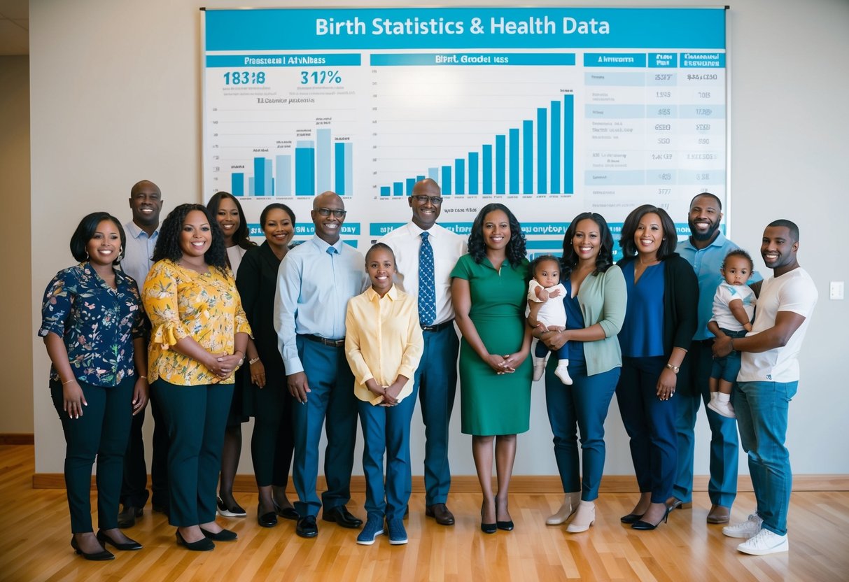 A group of diverse families standing in front of a large chart displaying birth statistics and health data