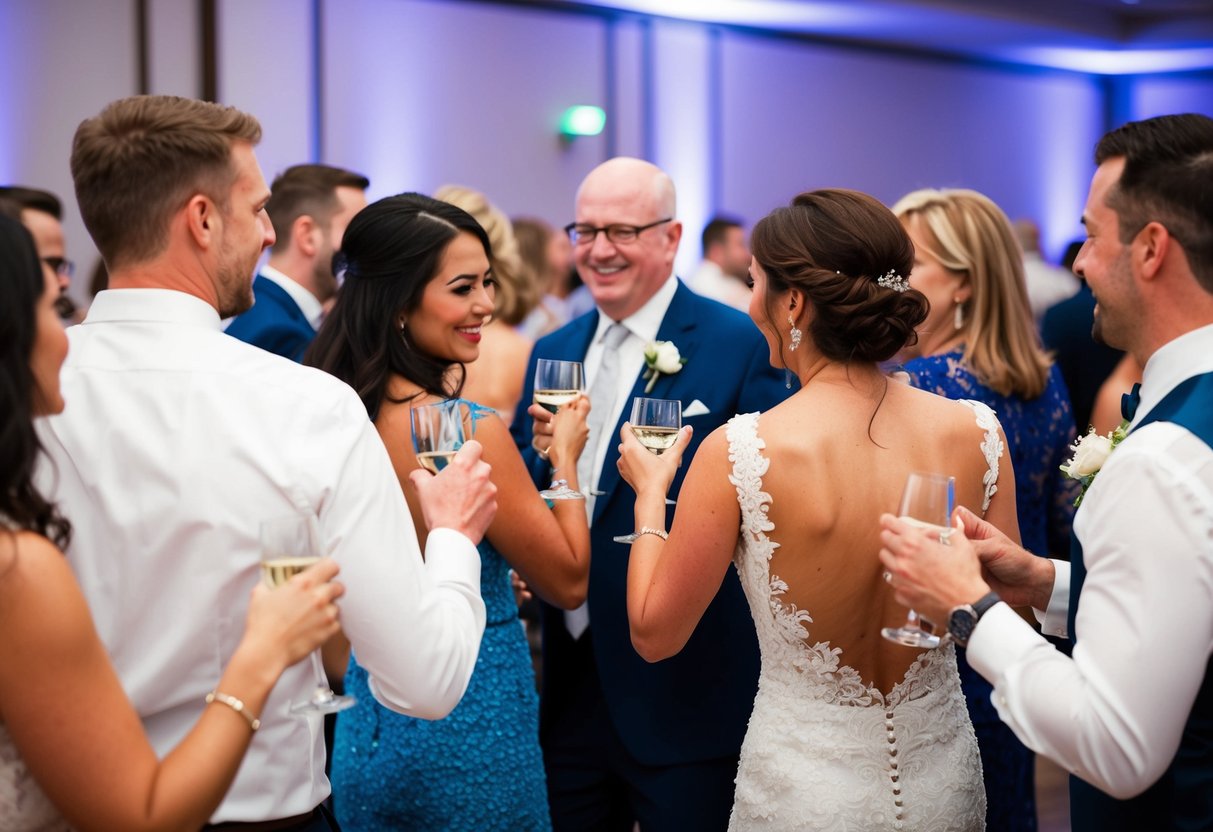 Guests mingling, clinking glasses, and dancing at a wedding reception