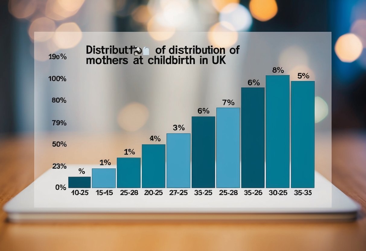 A graph showing the distribution of ages of mothers at childbirth in the UK, with a peak in the late 20s and early 30s