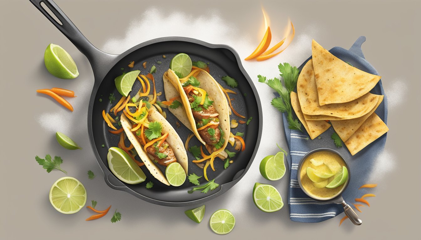 A sizzling skillet with mahi mahi tacos being reheated over a medium flame, releasing a tantalizing aroma of smoky grilled fish and warm tortillas