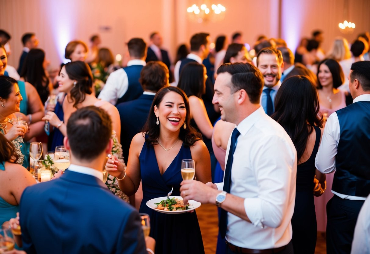 Guests conversing and laughing, some dancing, others enjoying the food and drinks. A warm and joyful atmosphere, with people coming and going throughout the event