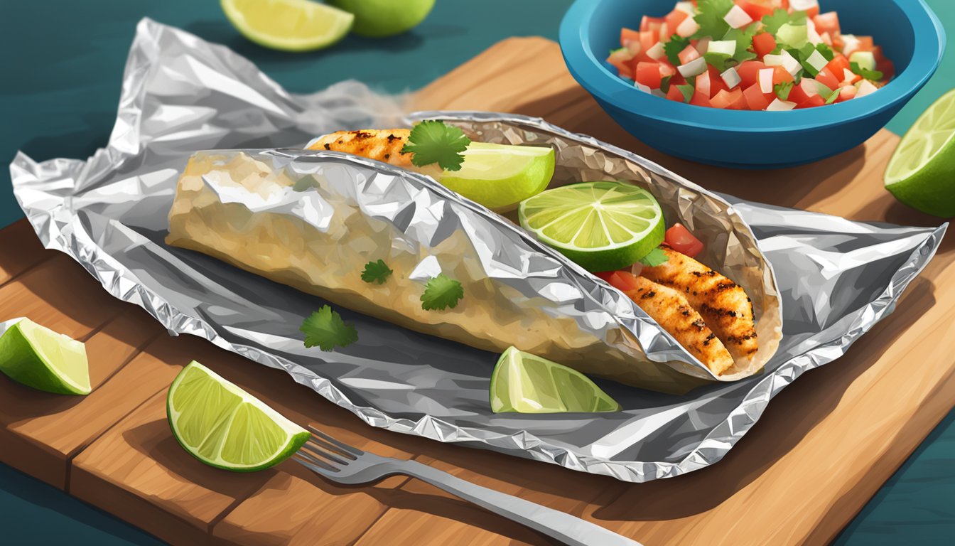 Grilled mahi mahi tacos wrapped in foil on a grill, smoke rising, with a side of fresh salsa and lime wedges