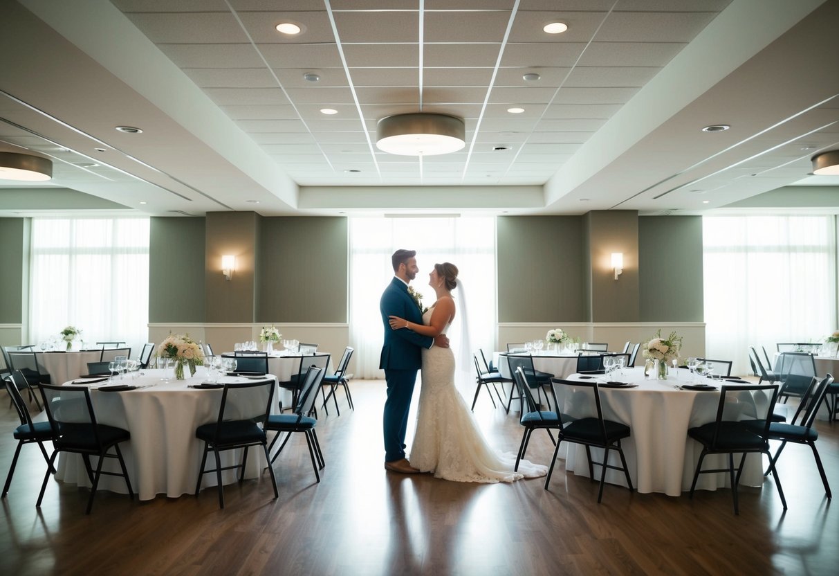A newly married couple standing alone in an empty reception hall, surrounded by untouched tables and chairs