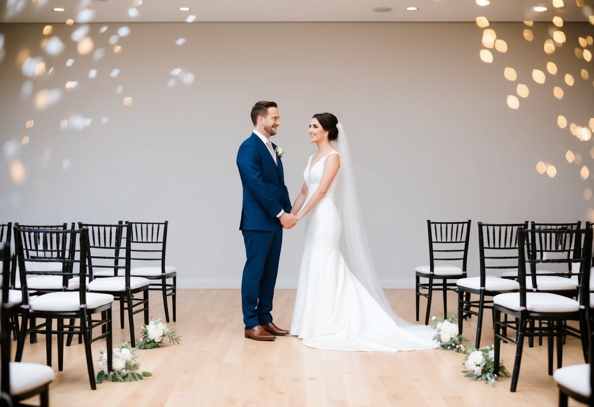 A newlywed couple standing alone in a simple, elegant ceremony setting, surrounded by empty chairs and untouched tables
