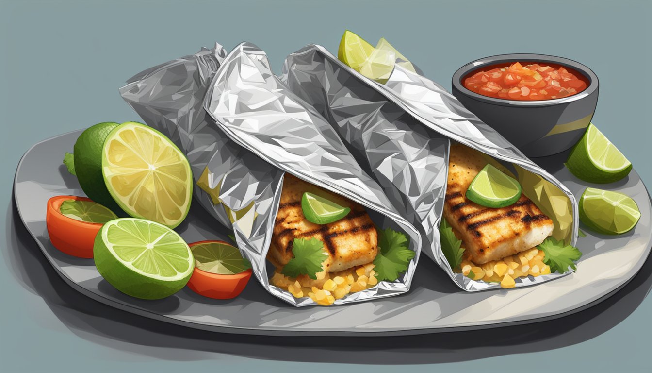 Grilled mahi mahi tacos wrapped in foil on a grill, smoke rising, with a side of lime wedges and salsa