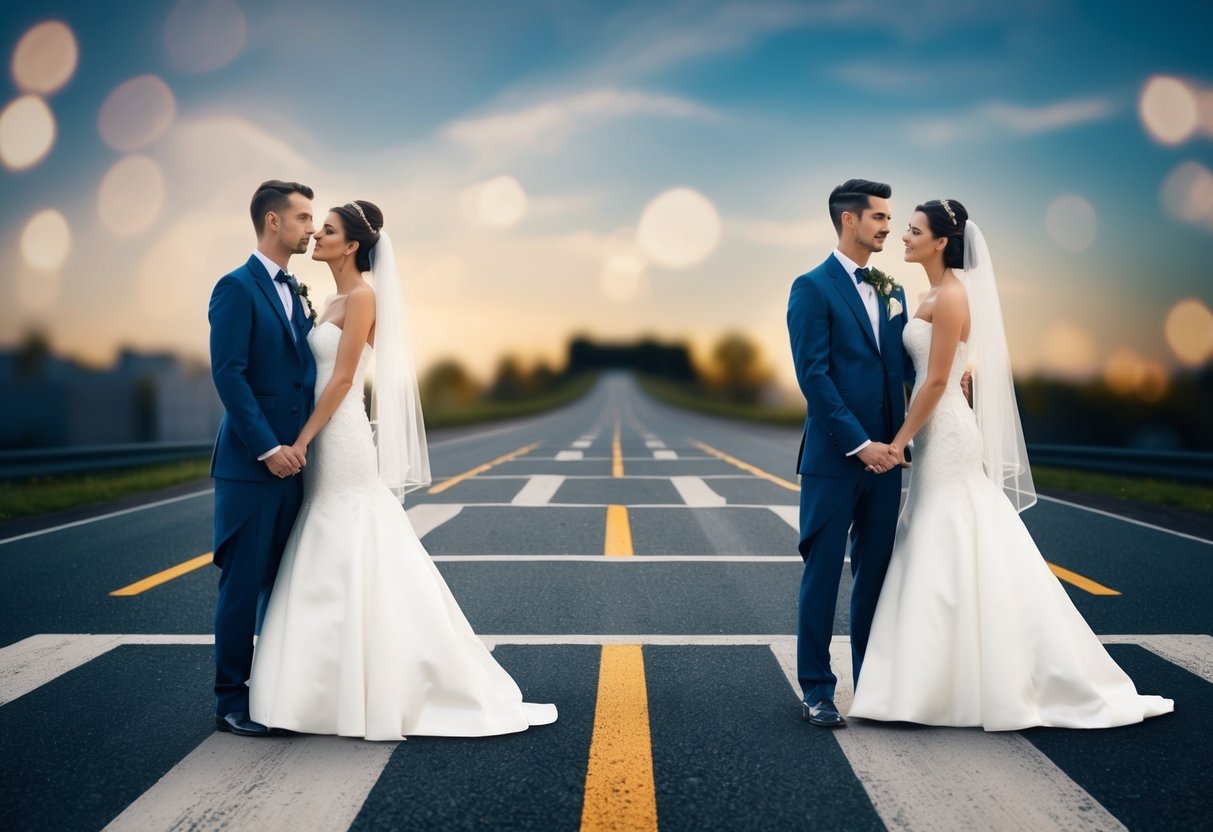 A bride and groom stand at a crossroads, one path leading to a grand wedding reception and the other to a simple, intimate celebration. The couple looks contemplative, surrounded by conflicting symbols of opulence and simplicity