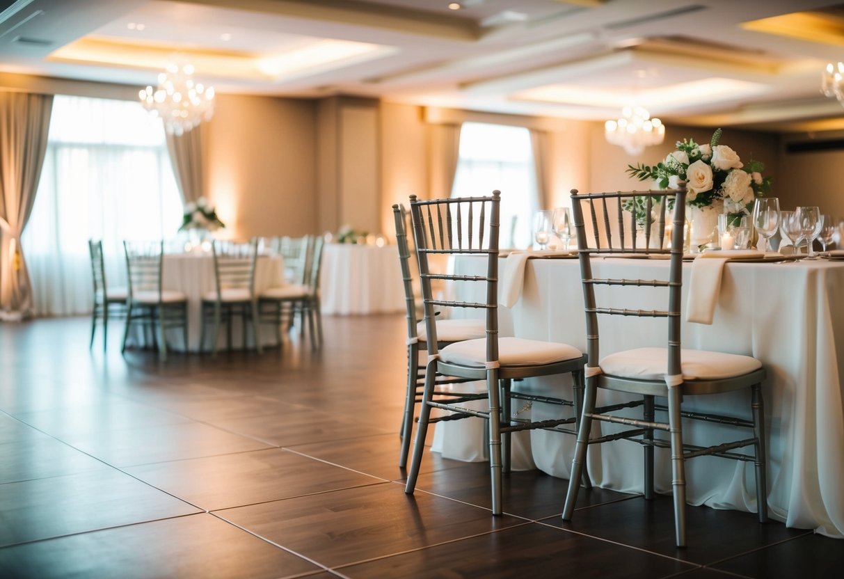 A beautifully decorated wedding venue with empty chairs and a deserted dance floor