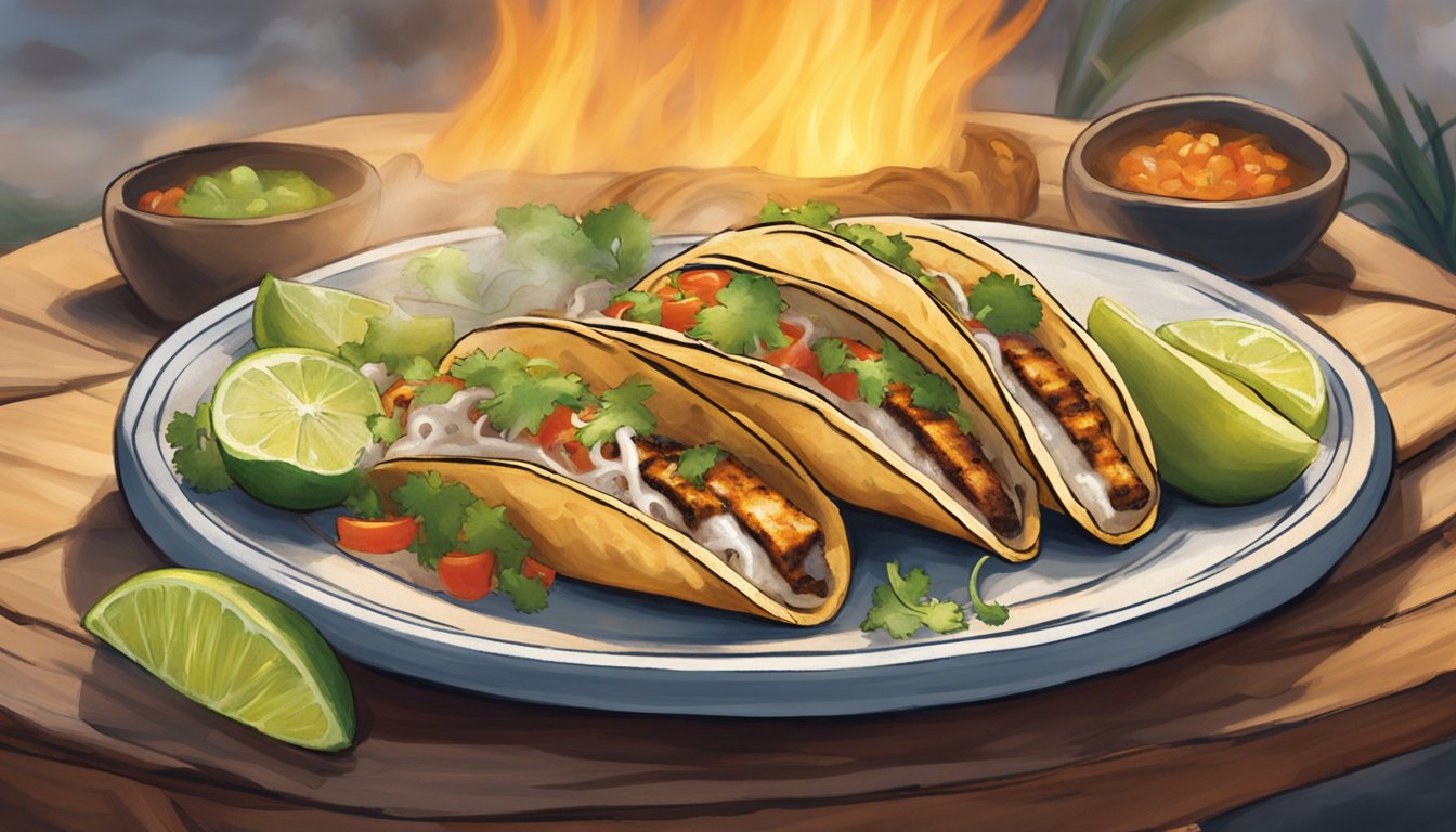 A plate of grilled mahi mahi tacos being gently reheated over a smoldering wood fire, with wisps of smoke curling around the edges