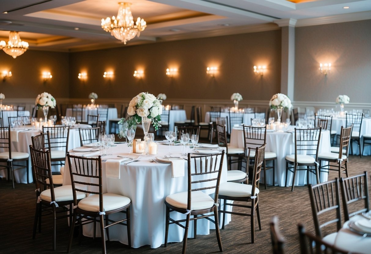 A beautifully decorated wedding venue with empty chairs and tables, indicating a lack of guests