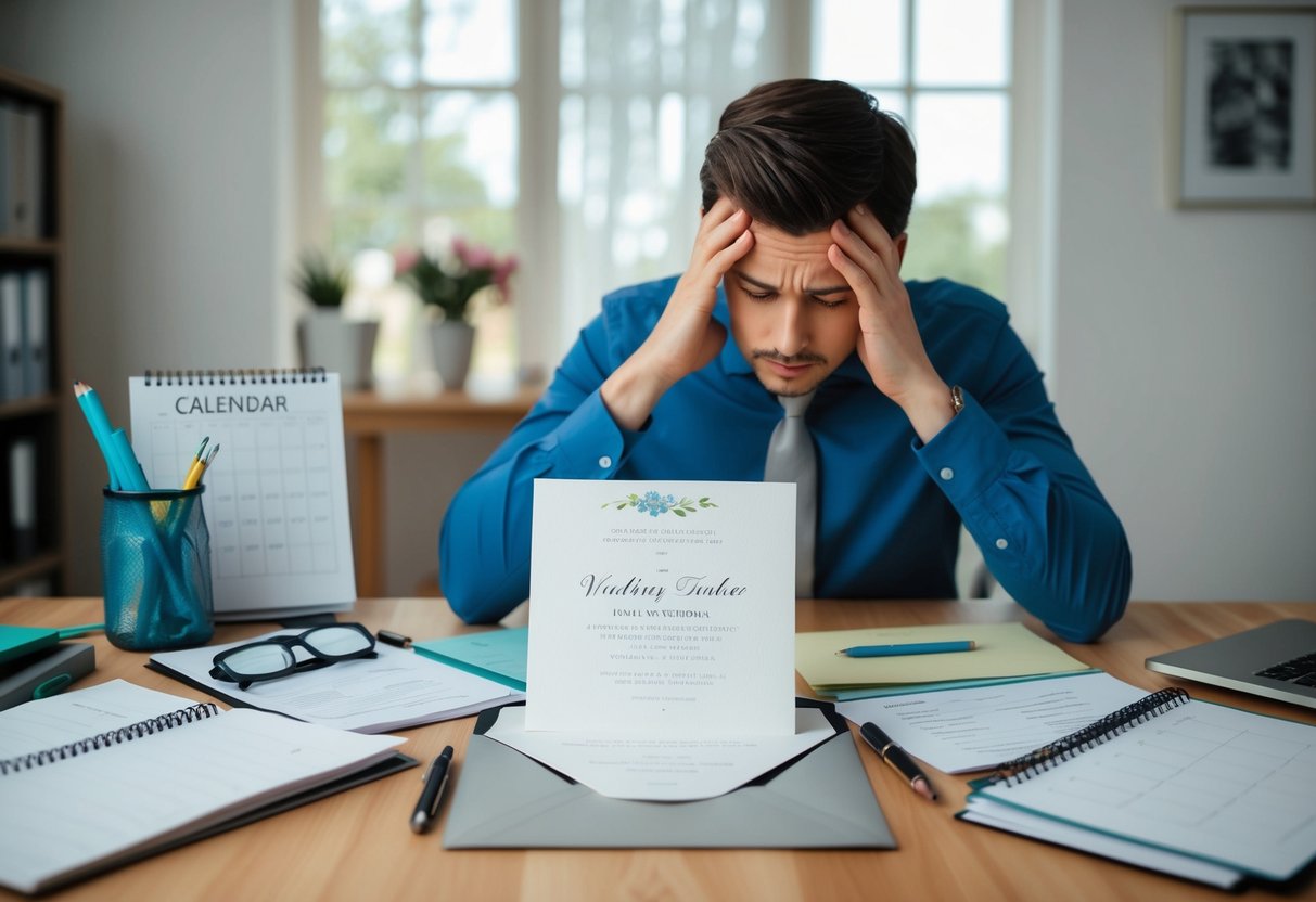A wedding invitation lies on a cluttered desk, surrounded by a calendar, to-do list, and a stressed individual staring at conflicting commitments