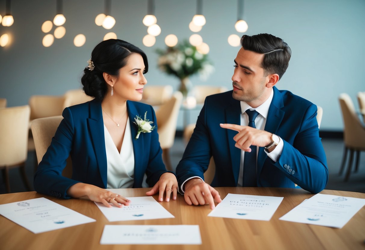 A couple sits at a table, discussing wedding invitations. One person gestures while the other listens intently, appearing conflicted