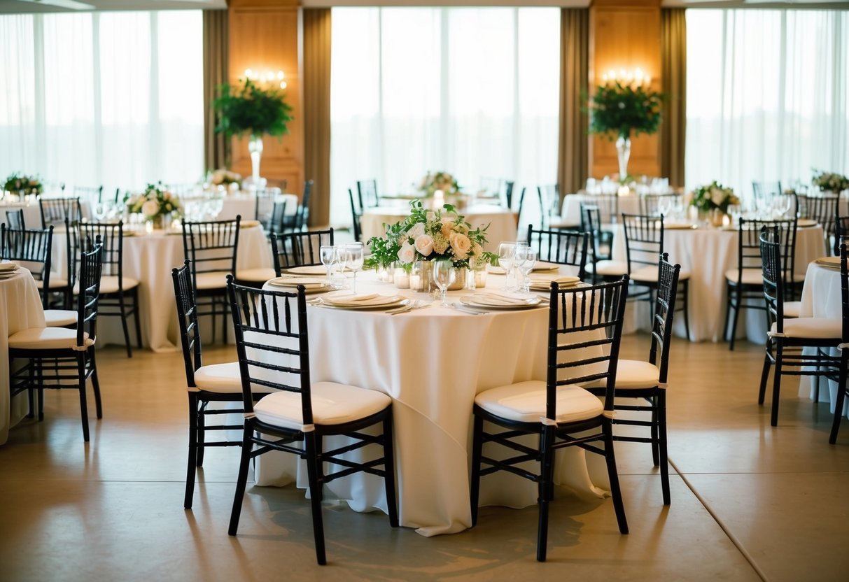 Empty chairs at a beautifully decorated wedding reception, with untouched place settings and a sense of absence