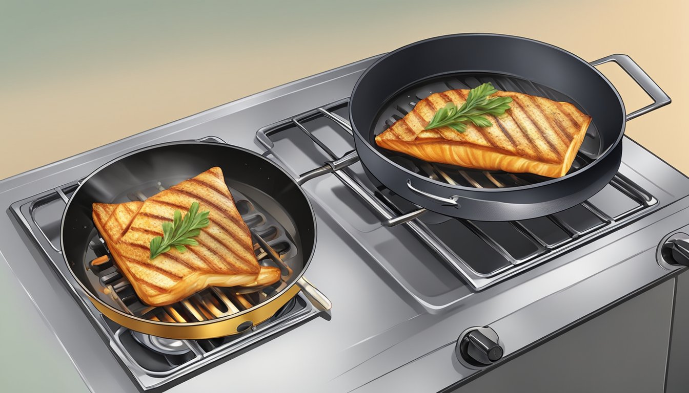 A stovetop with a non-stick pan containing grilled fish being gently reheated over low heat, with a lid partially covering the pan to retain moisture