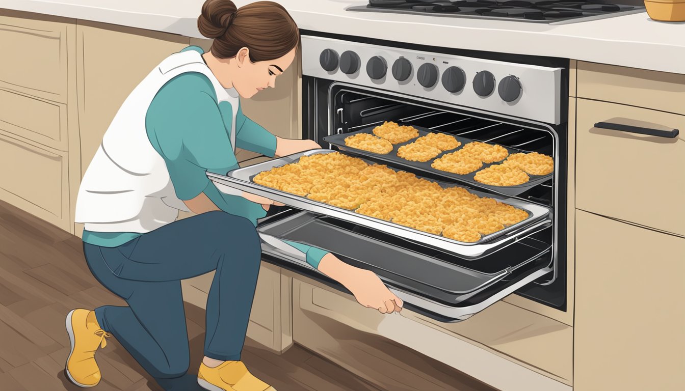 A person placing a dish of hash brown casserole into an oven