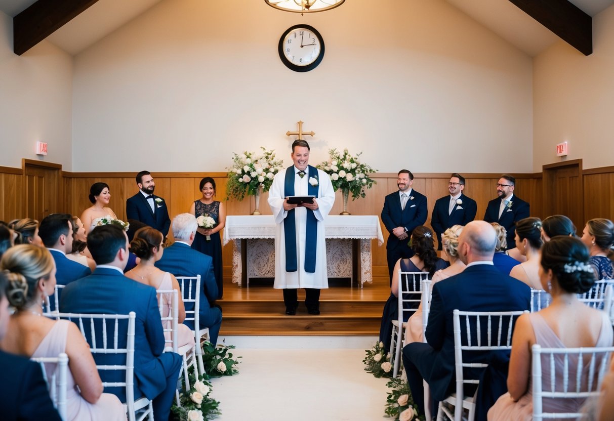 A wedding officiant stands before a decorated altar, with guests seated in rows. A clock on the wall shows 30 minutes