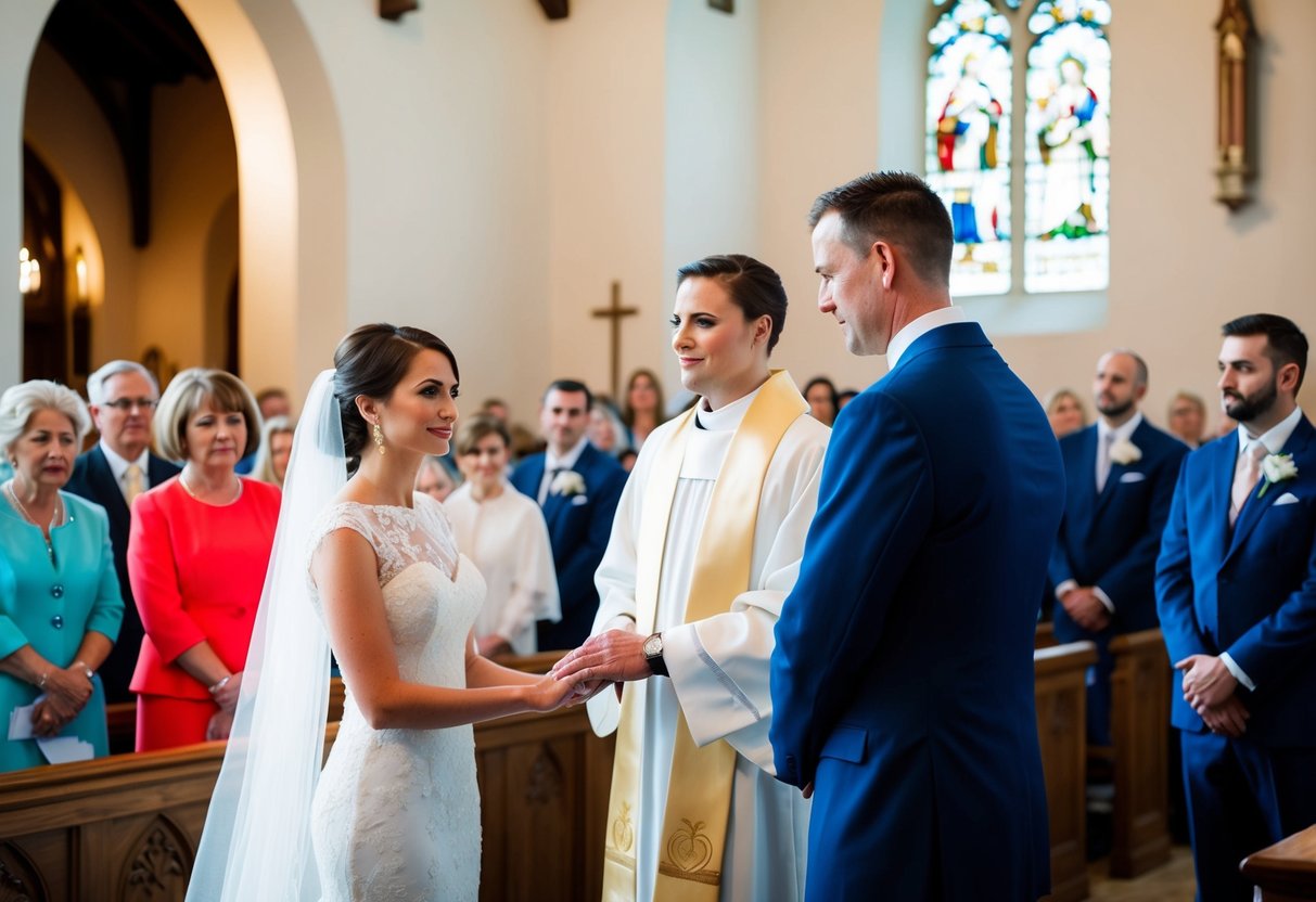 A bride and groom standing at the altar, with the priest looking disapprovingly as guests quietly leave the church
