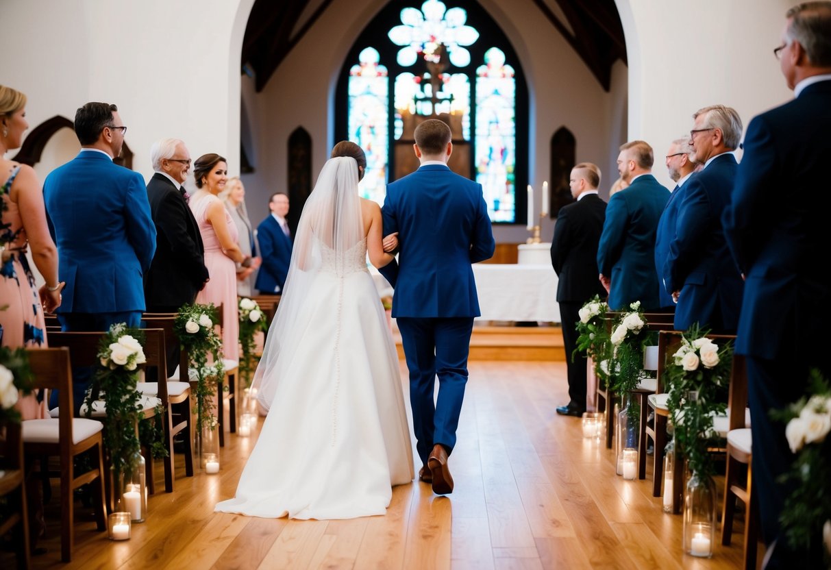 A couple walking away from a church towards a reception venue, with guests looking on