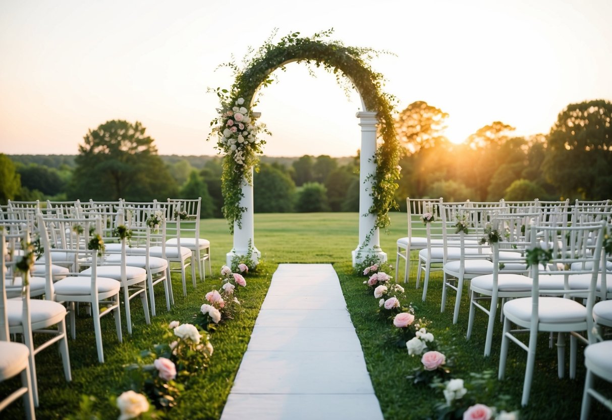 A serene outdoor setting with an elegant arch and rows of chairs, adorned with flowers and greenery. The sun is beginning to set, casting a warm glow over the scene
