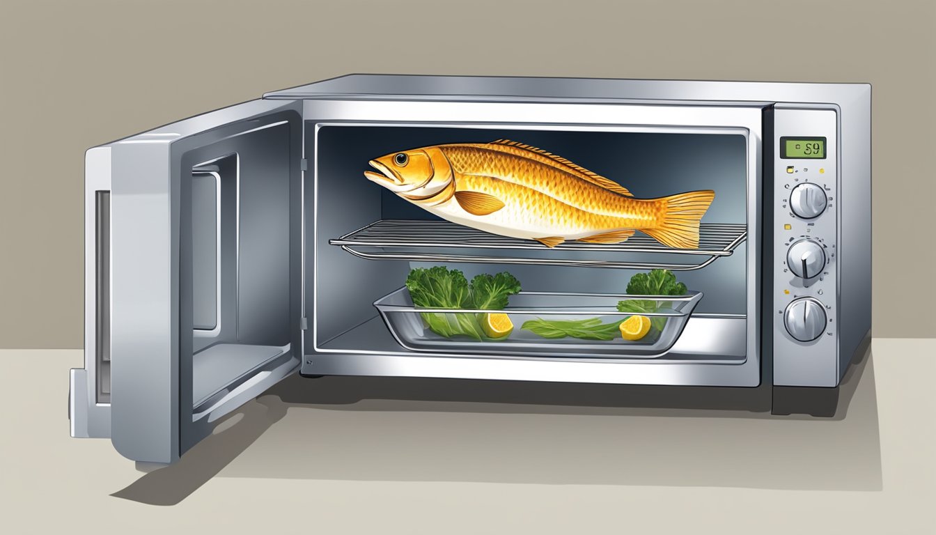 A plate of grilled fish placed in a microwave with a cover to prevent splattering. A small dish of water is also placed in the microwave to help keep the fish moist while reheating