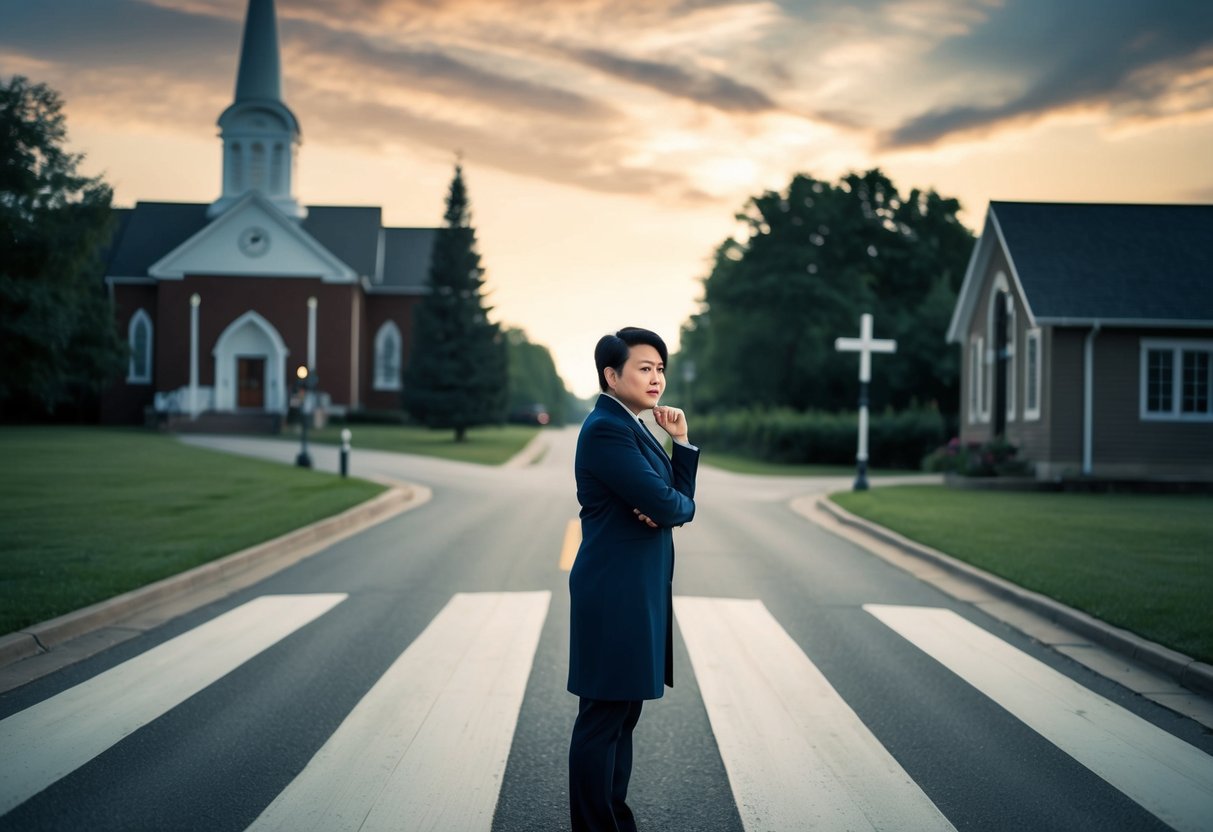 A person standing at a crossroads, one path leading to a church ceremony and the other leading away, with a thoughtful expression on their face