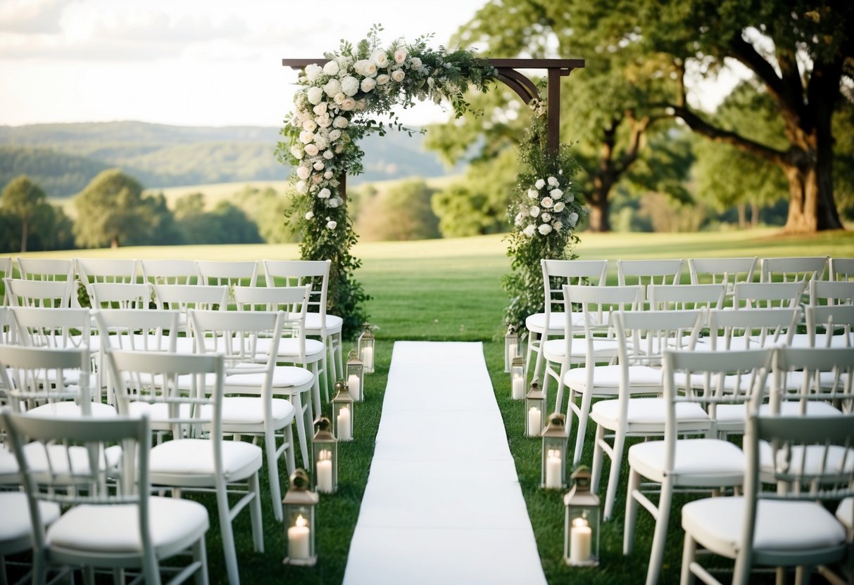 A serene outdoor wedding ceremony setting with a decorated arch, rows of chairs, and a picturesque view