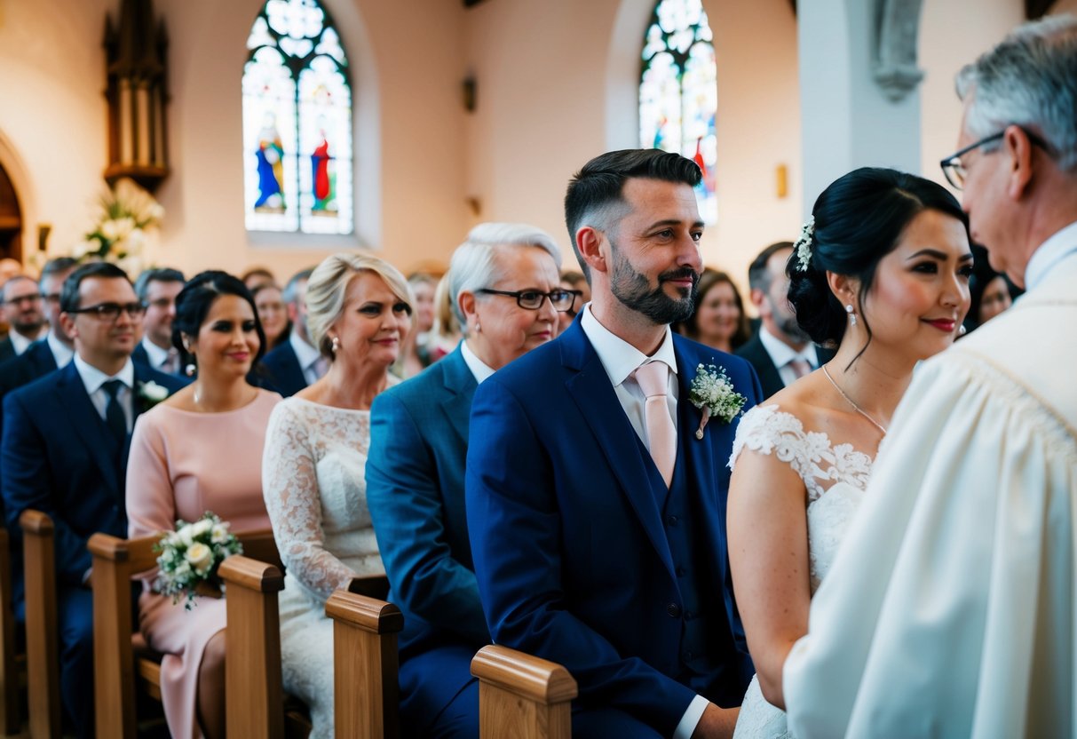 A wedding ceremony taking place in a church, with some guests seated while others stand, creating a divide in the social dynamics